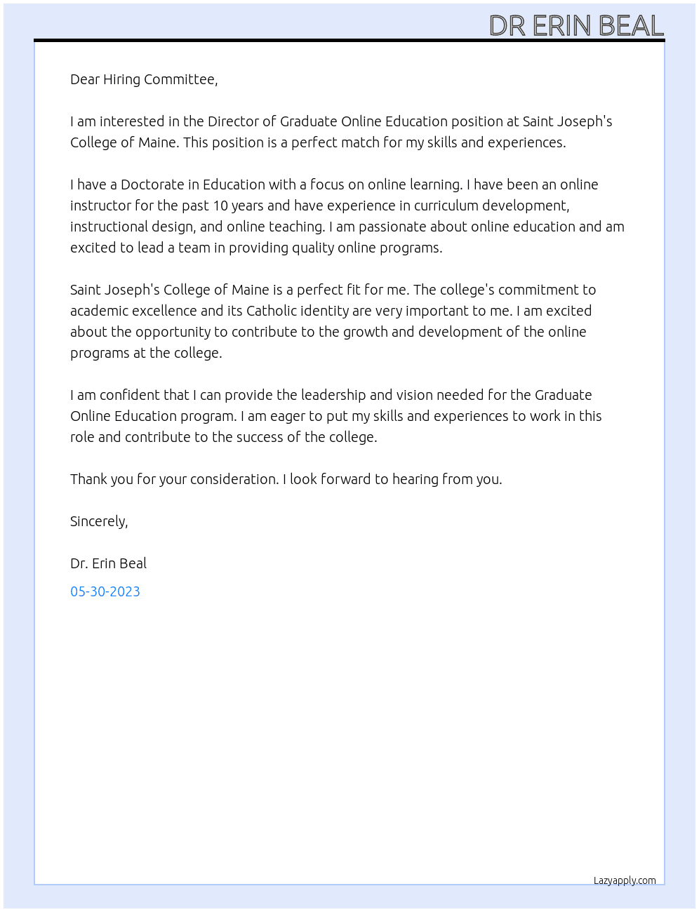 Director of Graduate Online Educationon At Saint Joseph's College of Maine Cover Letter