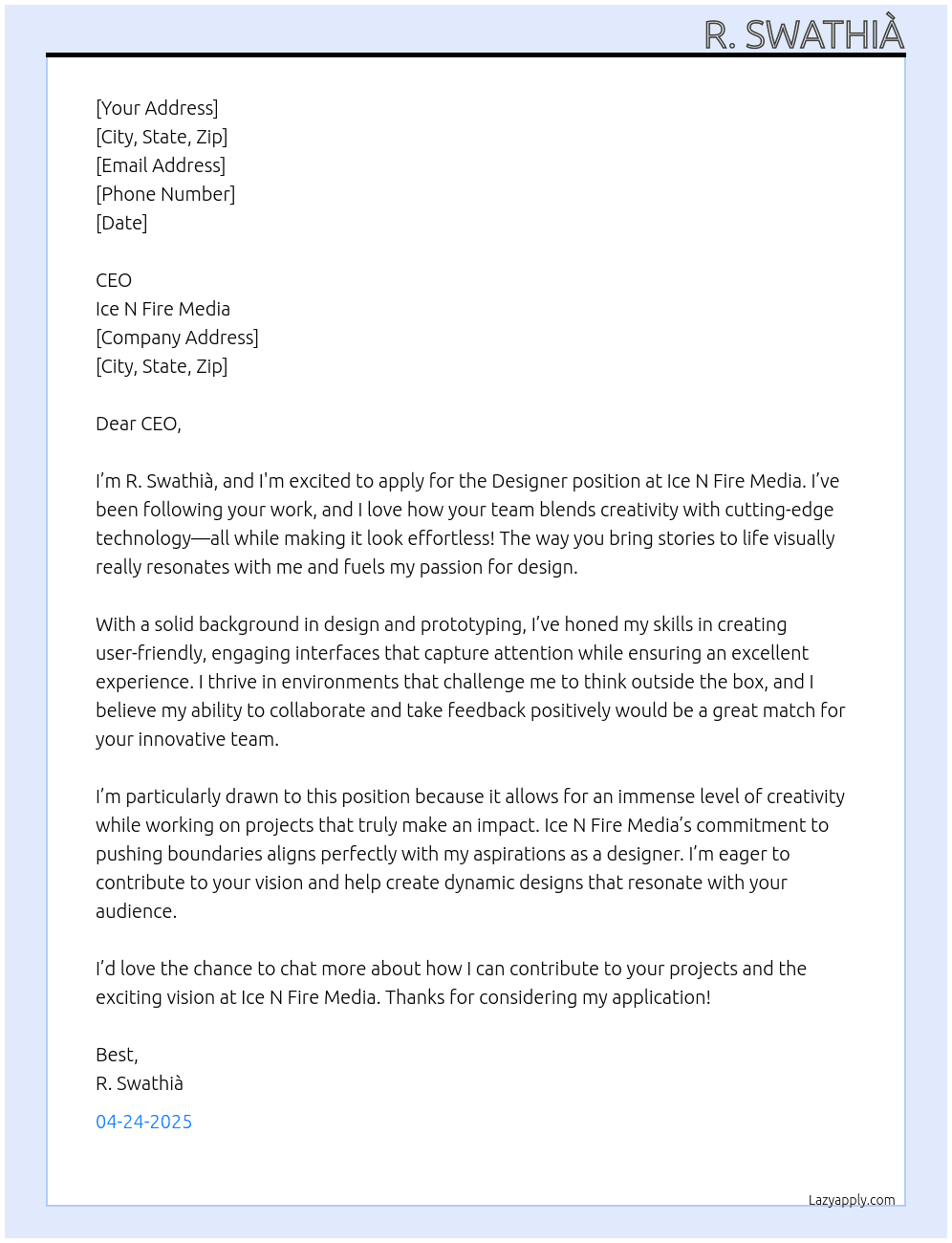 Designer At Ice N Fire Media  Cover Letter