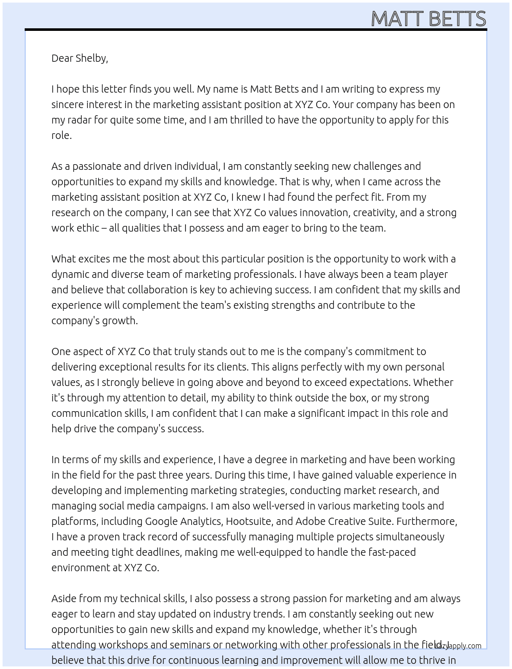 marketing assistant At xyz co Cover Letter