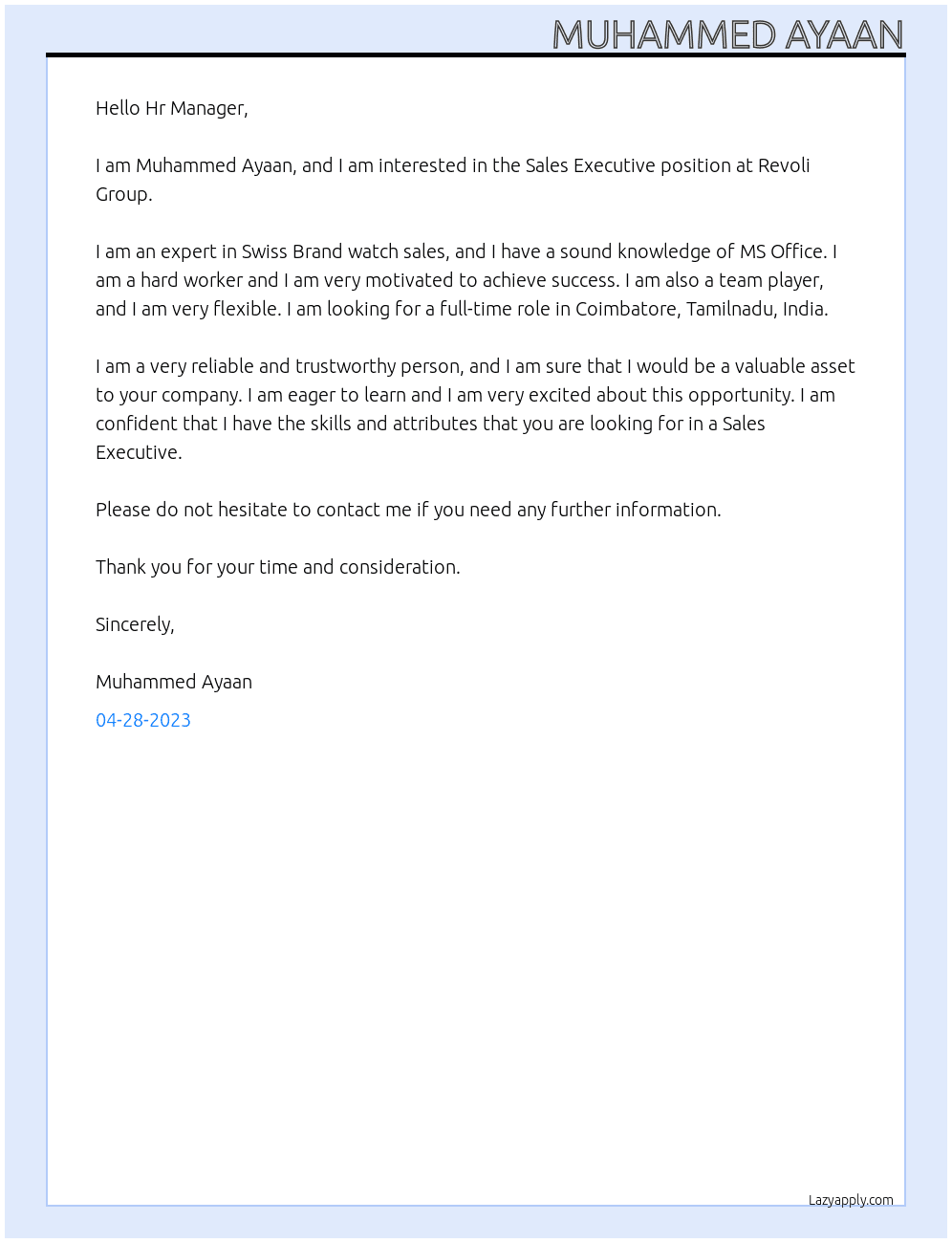 Sales Executive At Revoli Group Cover Letter