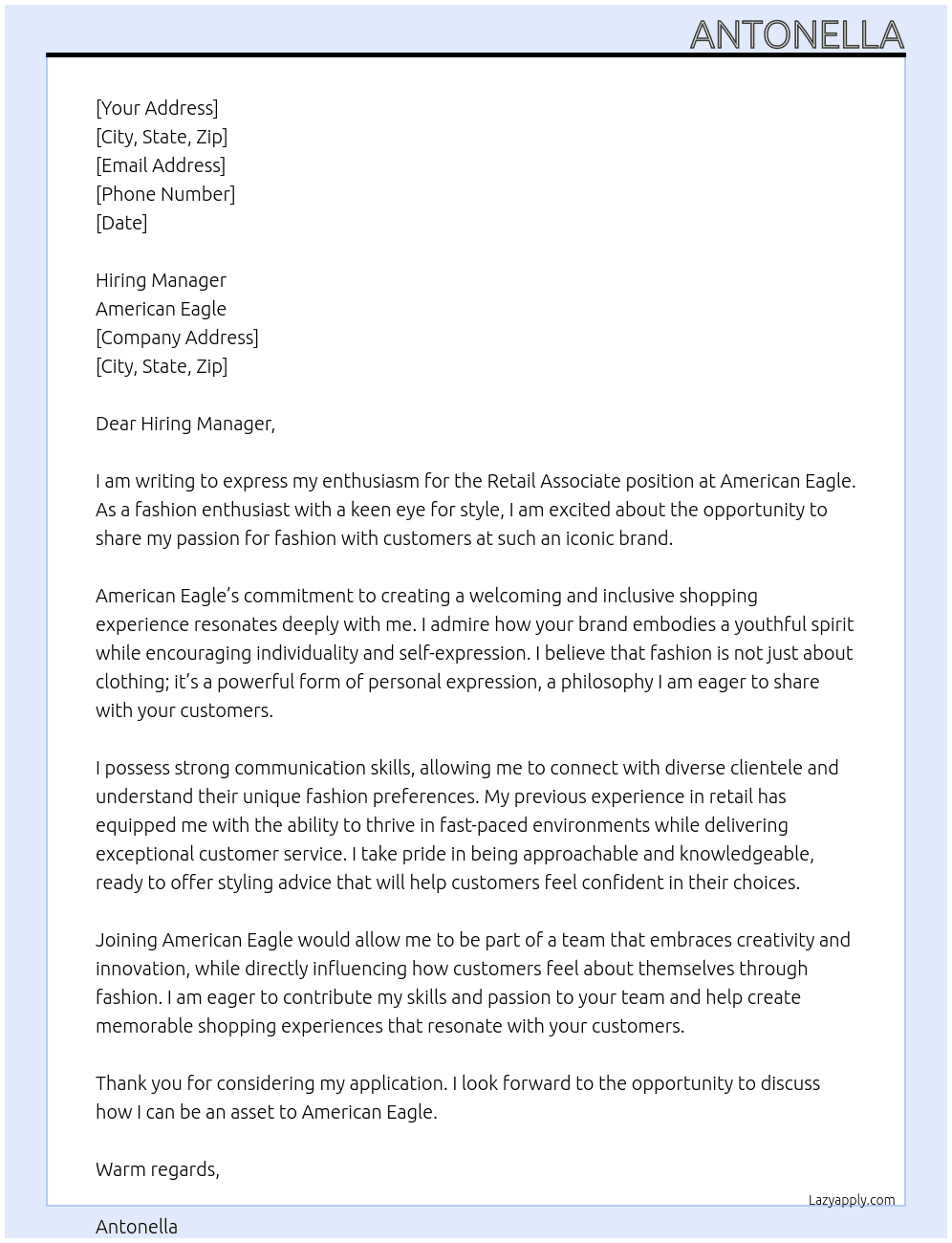 Retail associate  At American eagle  Cover Letter