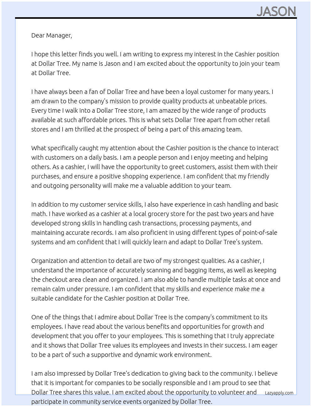 Cashier At Dollar Tree Cover Letter