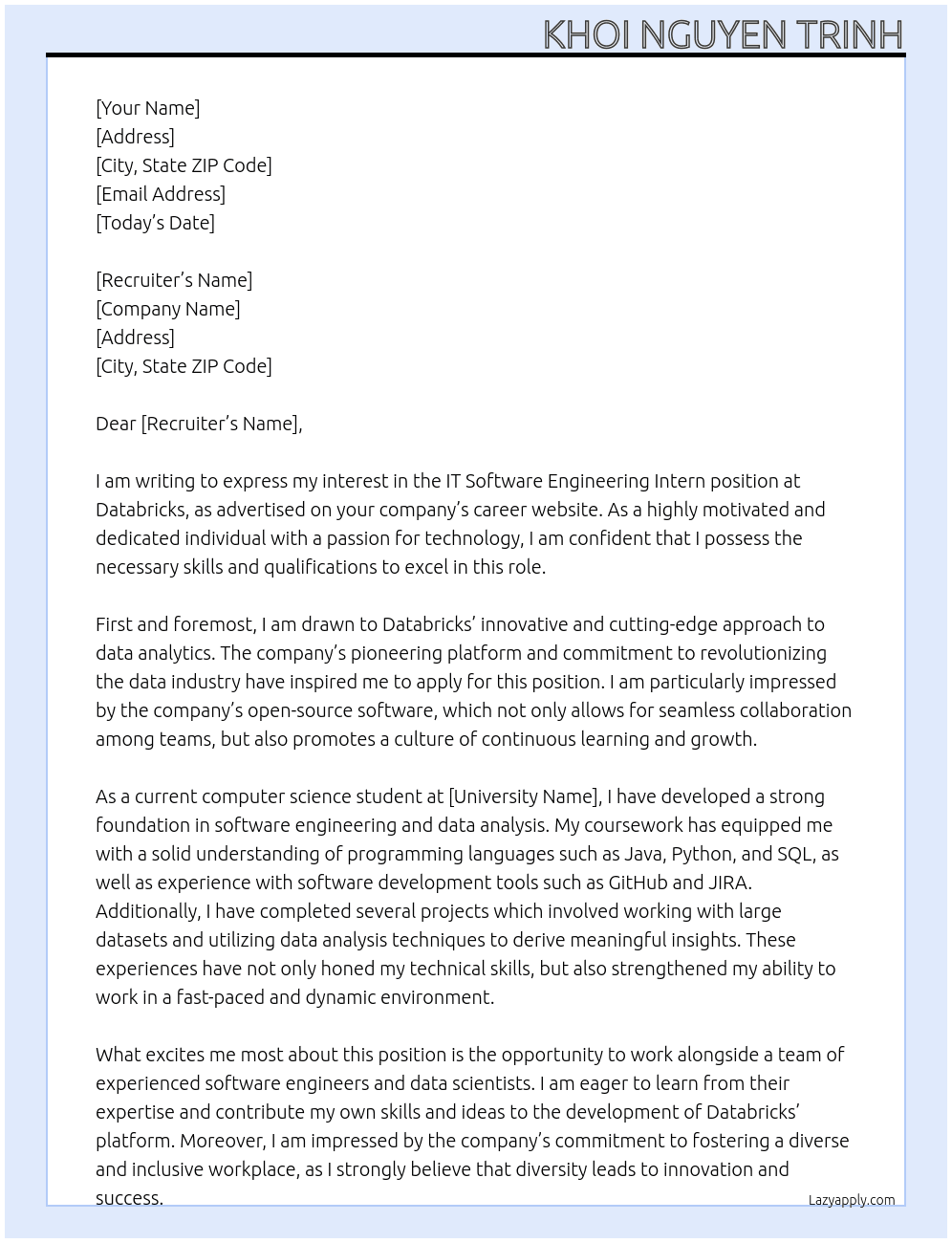 IT Software Engineering Intern At Databricks Cover Letter