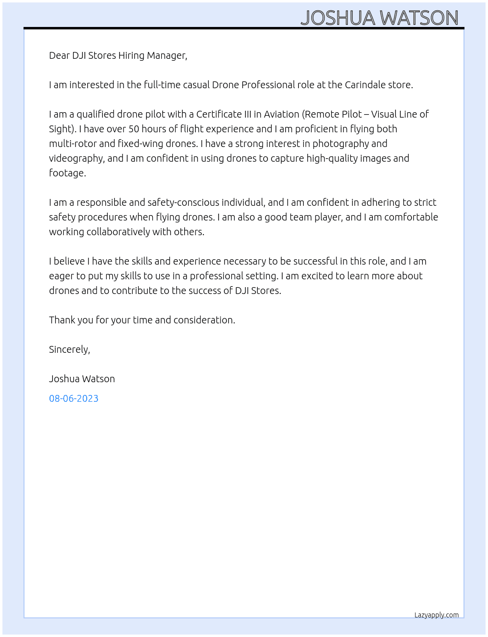 Drone Professional  At DJI Cover Letter