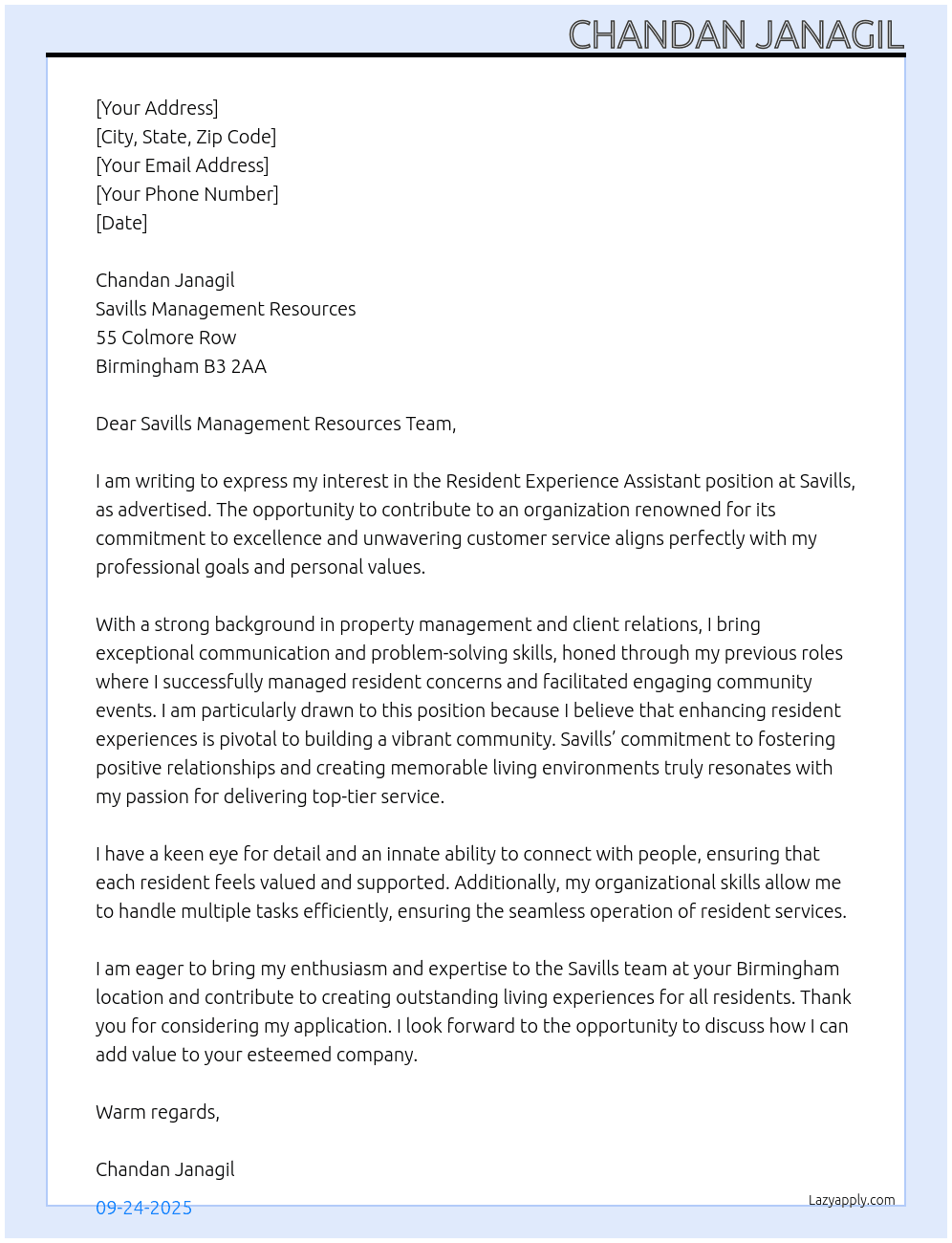 Resident Experience Assistant  At Savills Cover Letter