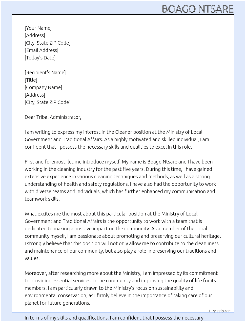 Cleaner At Ministry of Local government and Triditional Affairs  Cover Letter