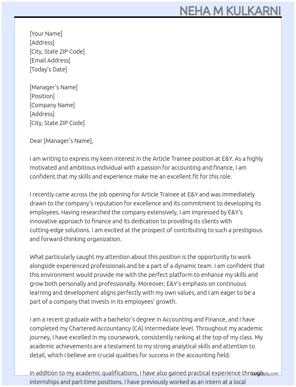 Article trainee At E&Y Cover Letter