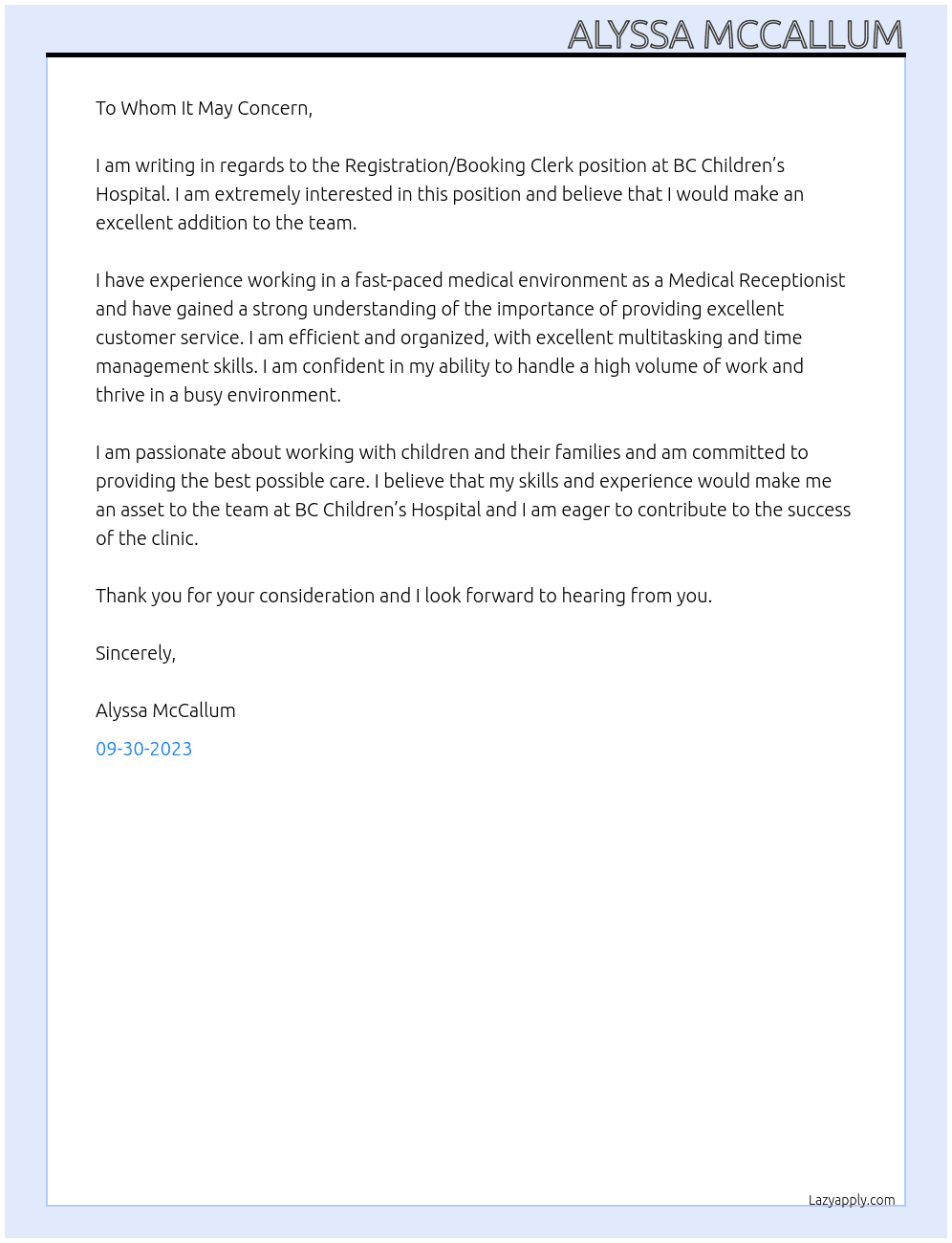 Registration/Booking Clerk, Oncology Clinic - BC Children’s Hospital At BC Children's hospital Cover Letter