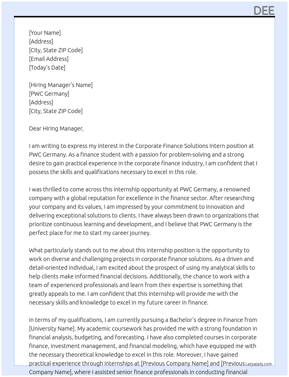 corporate finance solutions intern At PWC Germany Cover Letter