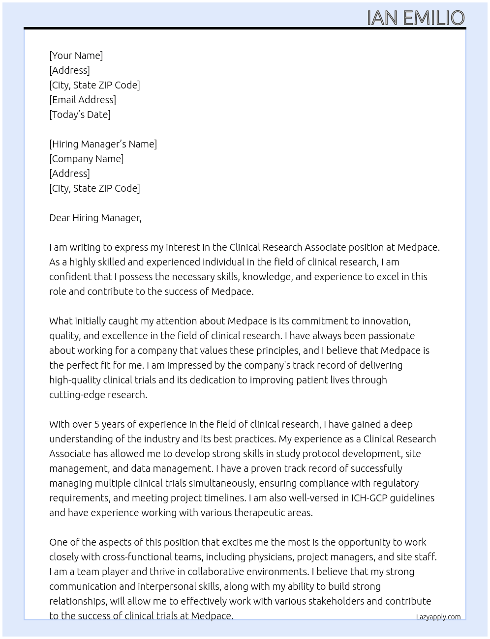 Clinical Resarch Associate At Medpace Cover Letter