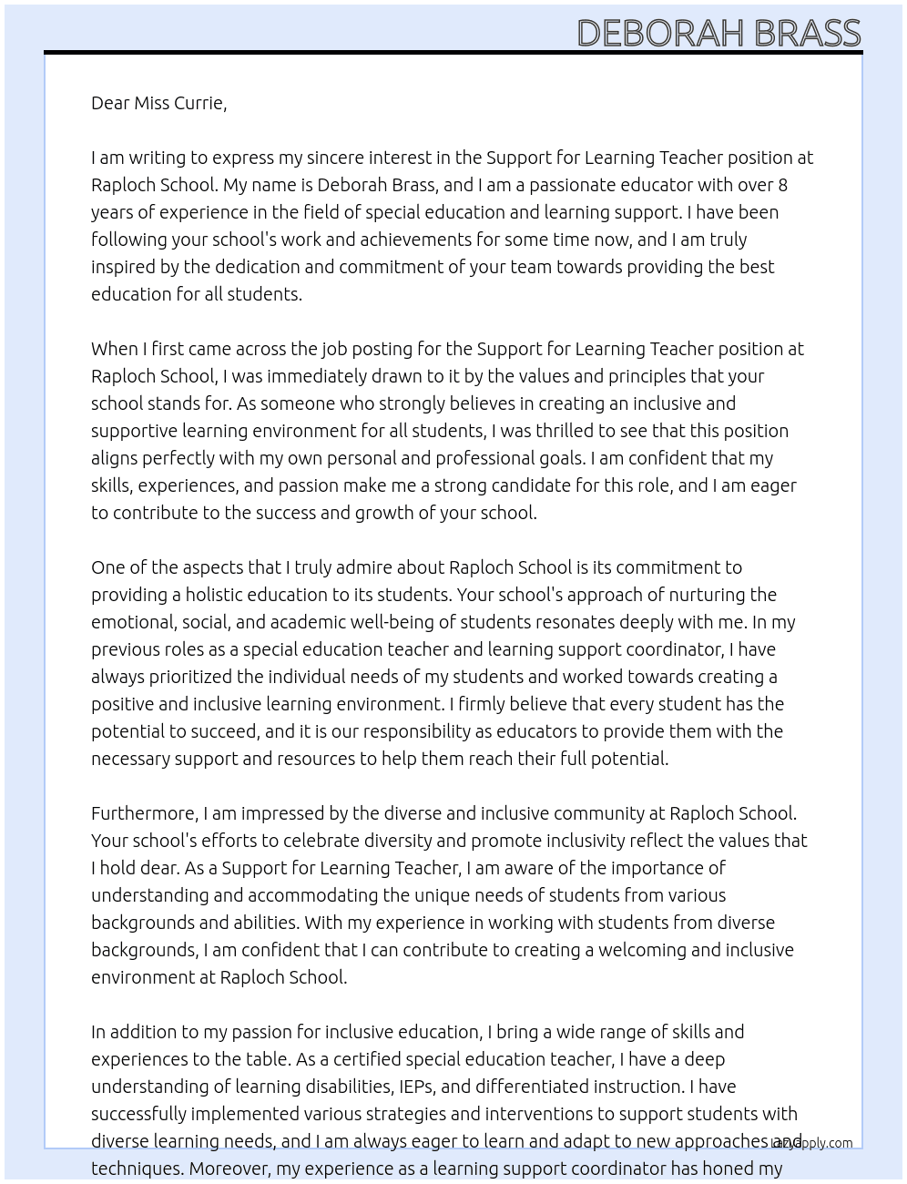 Support for Learning Teacher At Raploch school Cover Letter