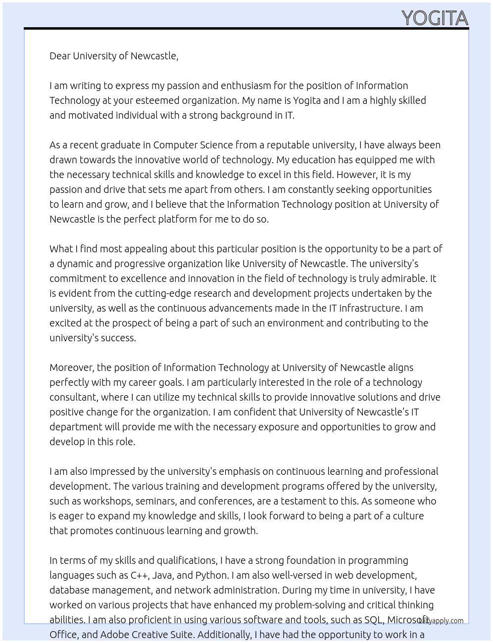INFORMATION TECHNOLOGY At UNIVERSITY OF NEWCASTLE Cover Letter
