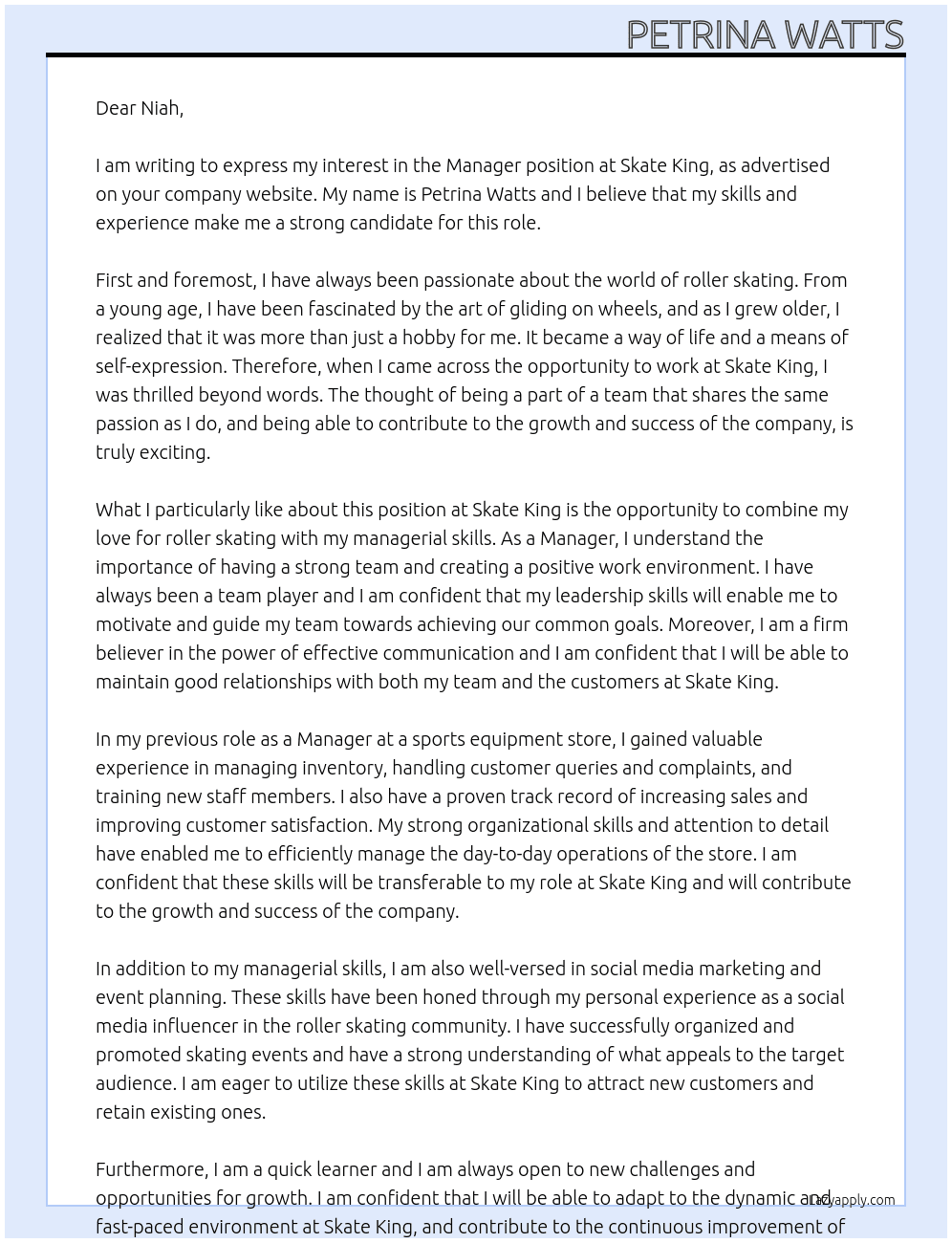 Manager At Skate King Cover Letter