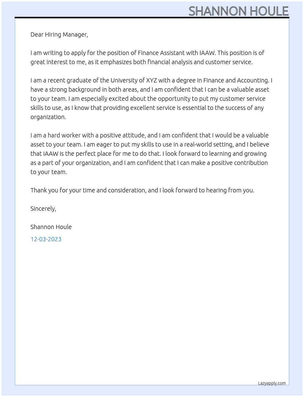 Finance Assistant At IAAW Cover Letter