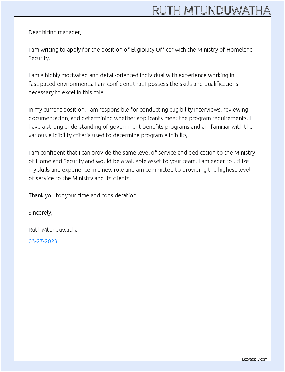 Eligibility Officer At Ministry of Homeland Security Cover Letter