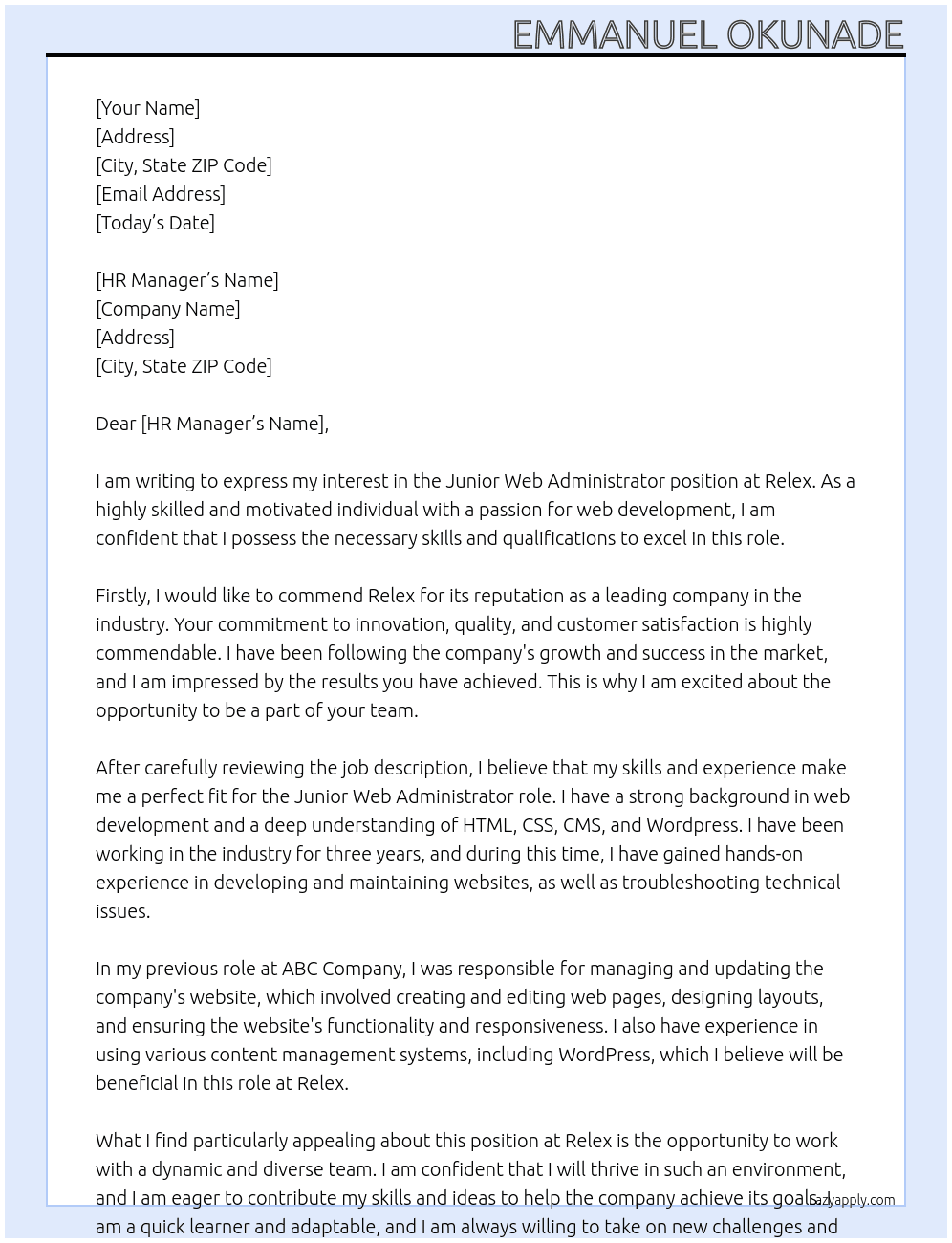 Junior web administrator At Relex Cover Letter