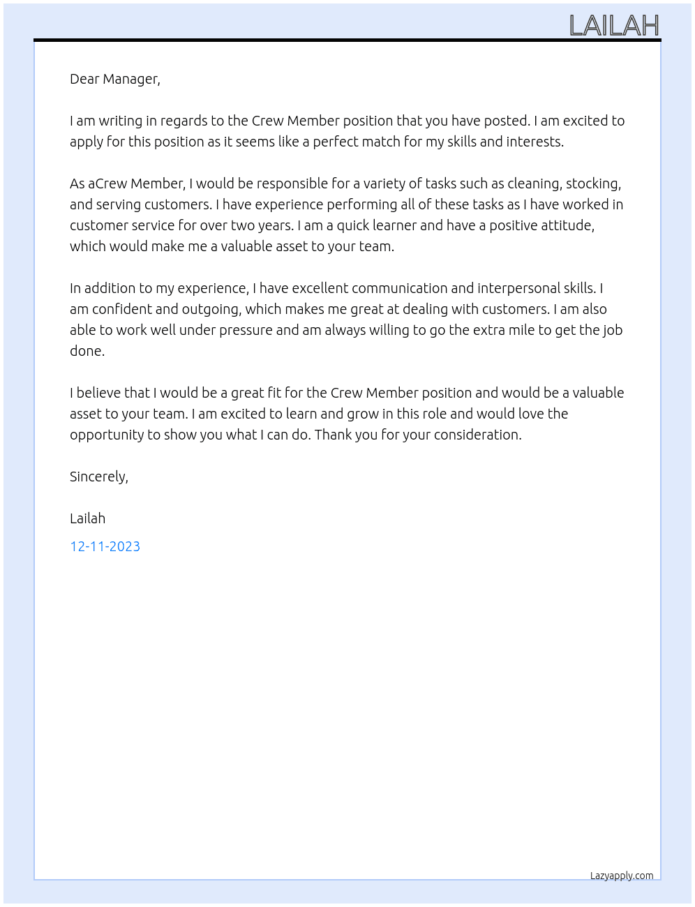Crew Member  At .  Cover Letter