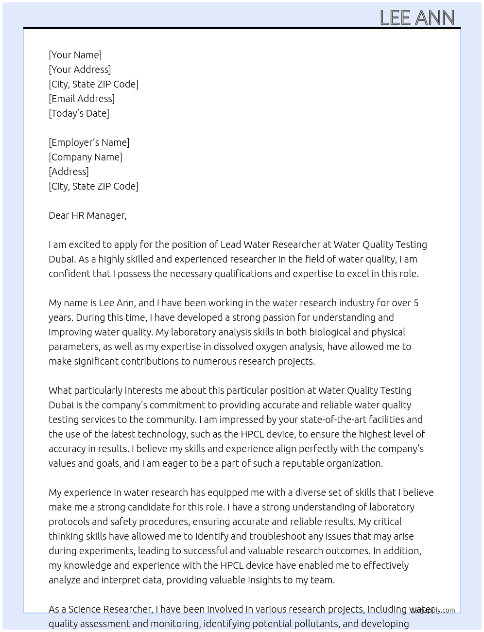 Lead Water researchers  At Water quality testing Dubai Cover Letter
