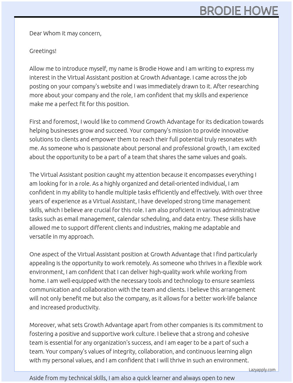 Virtual Assistant At Growth Advantage Cover Letter