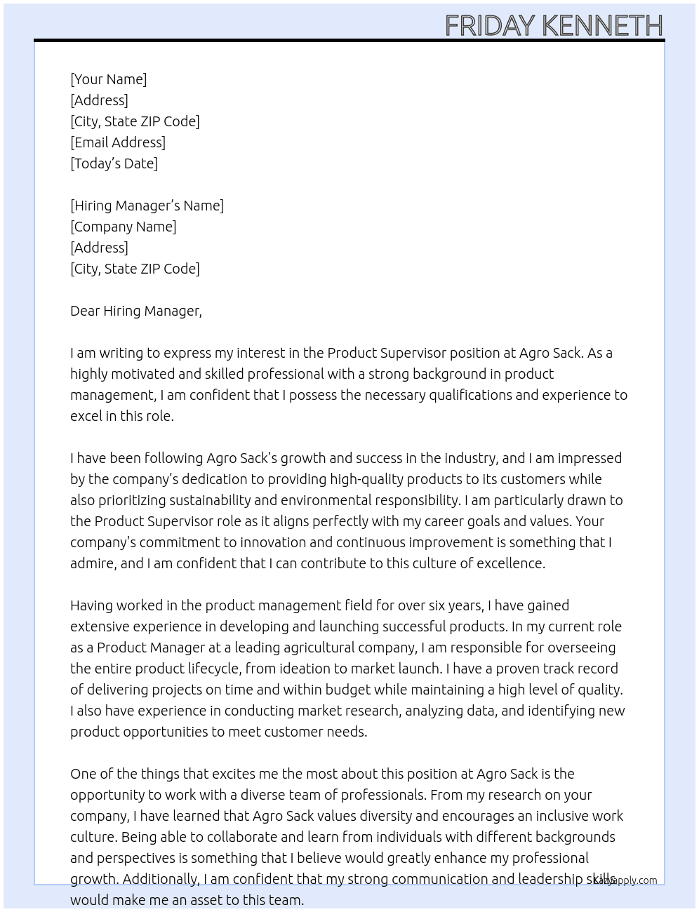 Product supervisor  At Agro Sack Cover Letter