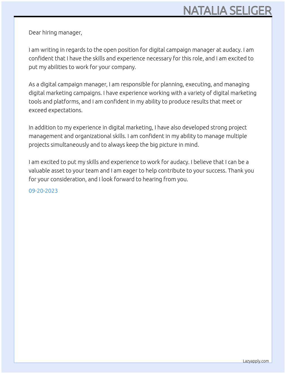 digital campaign manager At audacy Cover Letter