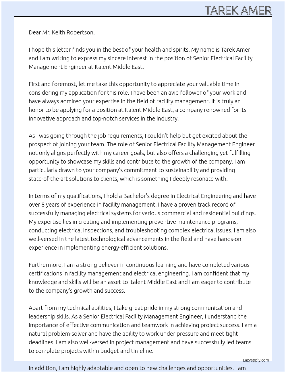 Cover letter for senior electrical facility management engineer - LazyApply