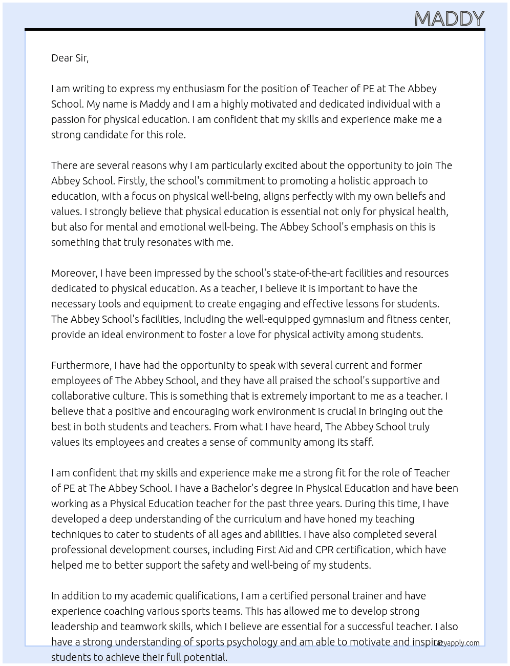 Teacher of PE At The Abbey School Cover Letter