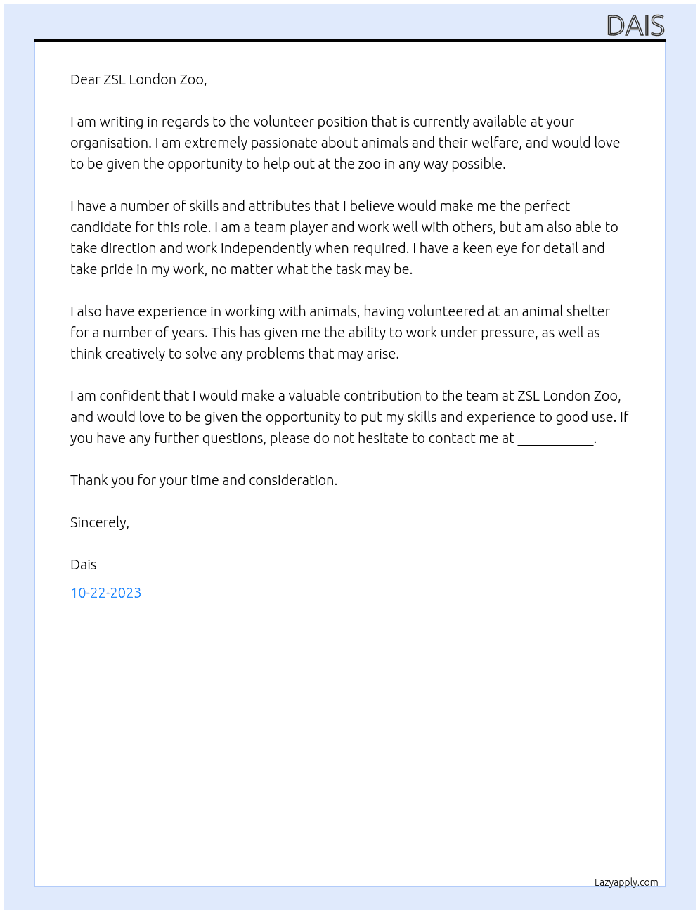 Volunteer At ZSL London zoo Cover Letter