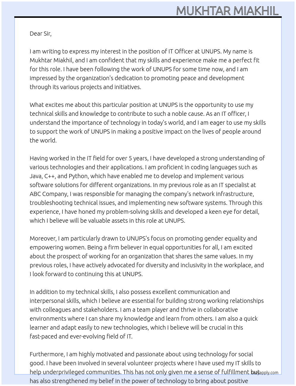 IT officer  At UNUPS  Cover Letter