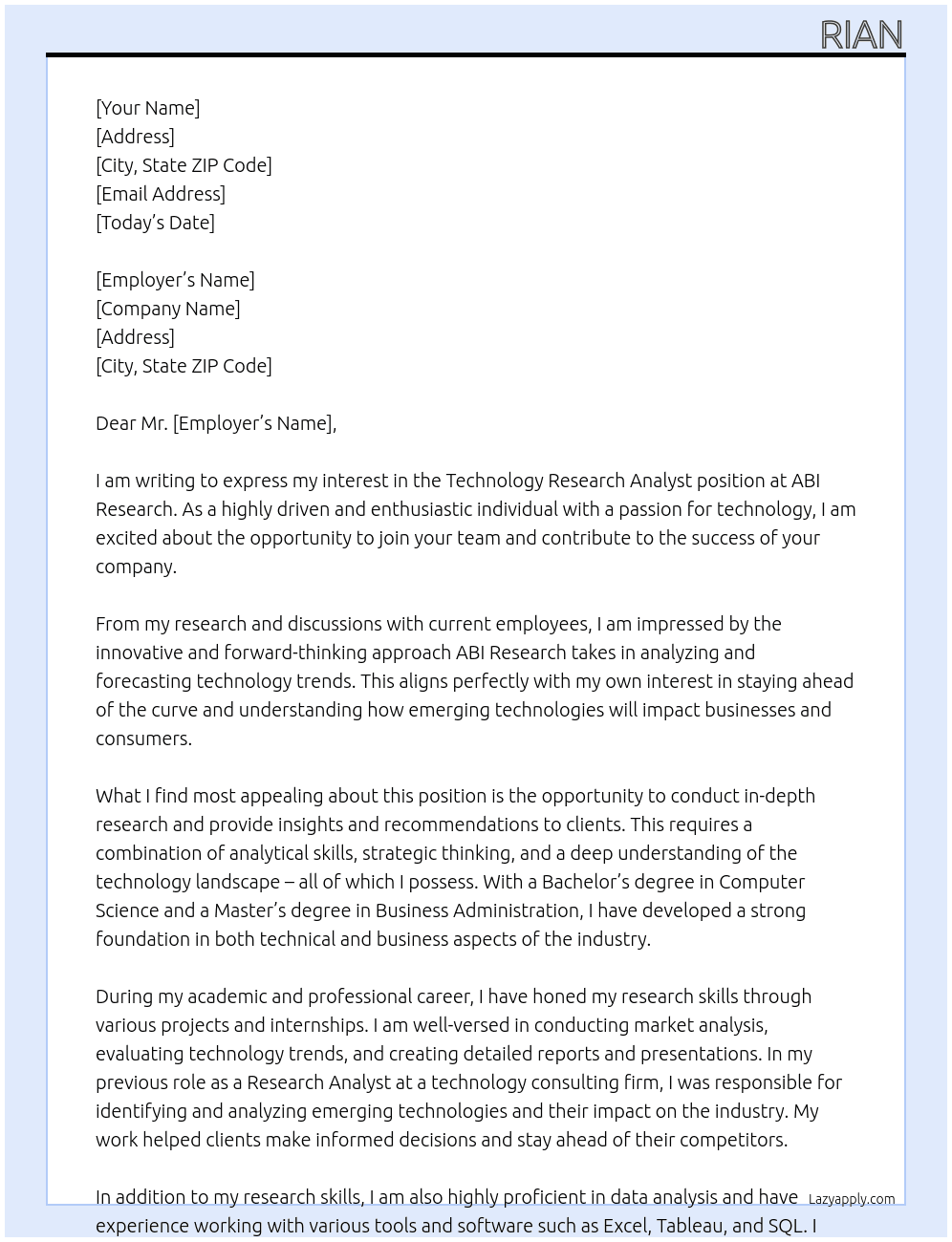 Technology Research Analyst At ABI Research Cover Letter