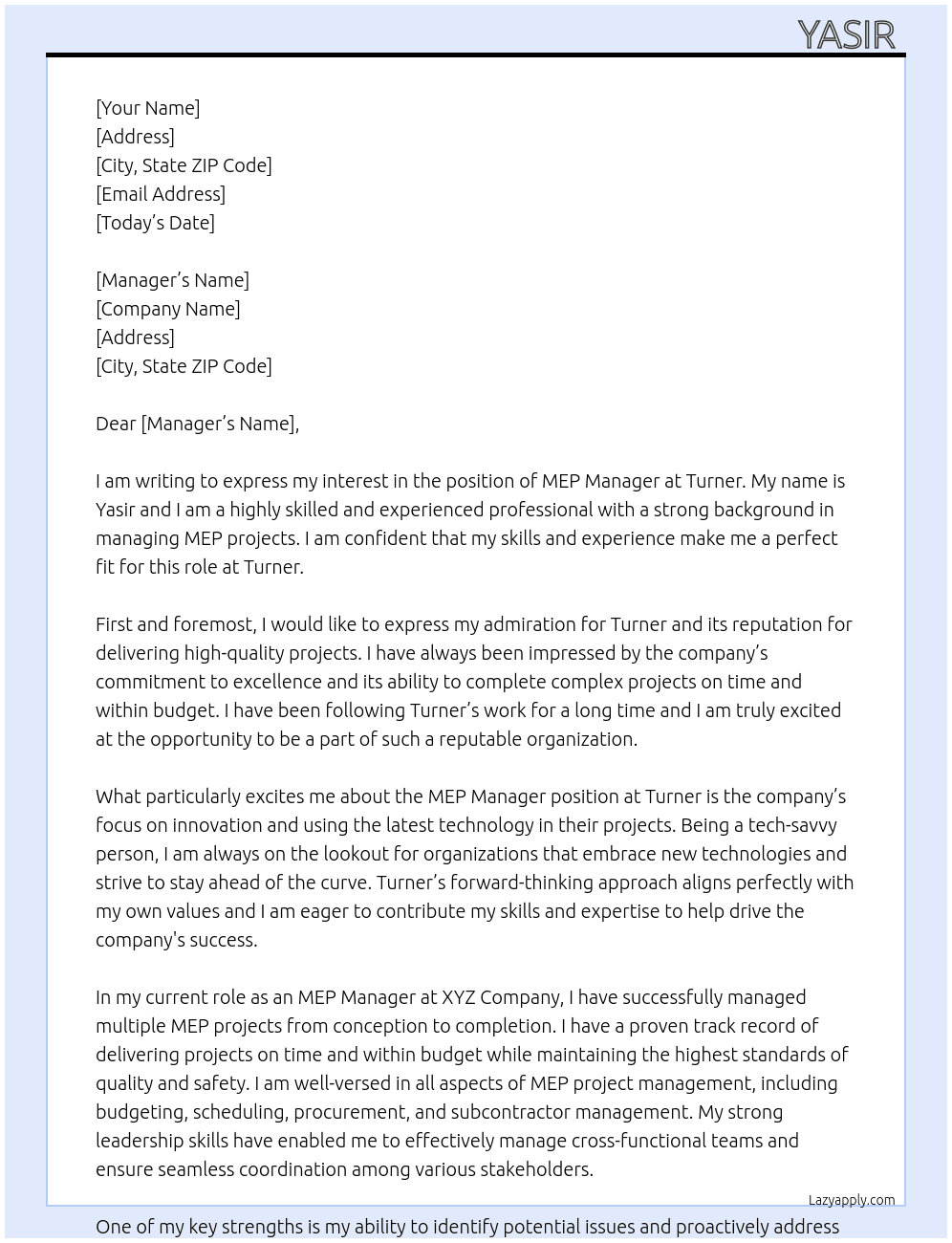 MEP MANAGER At tURNER Cover Letter
