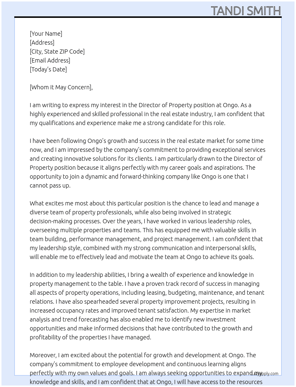 Director of Property  At Ongo Cover Letter