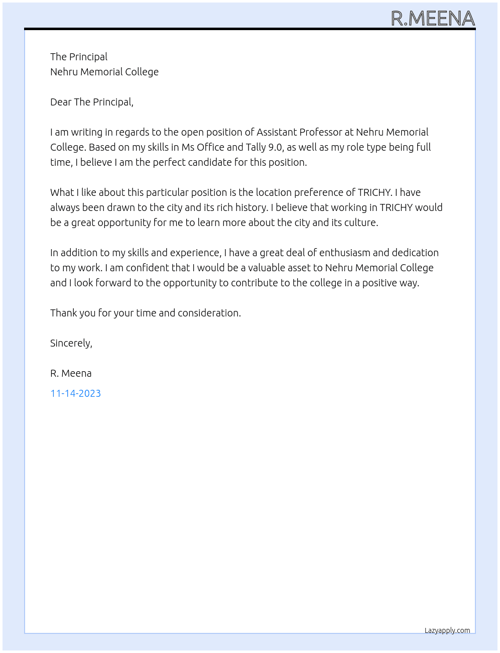 Assistant Professor  At Nehru Memorial College Cover Letter