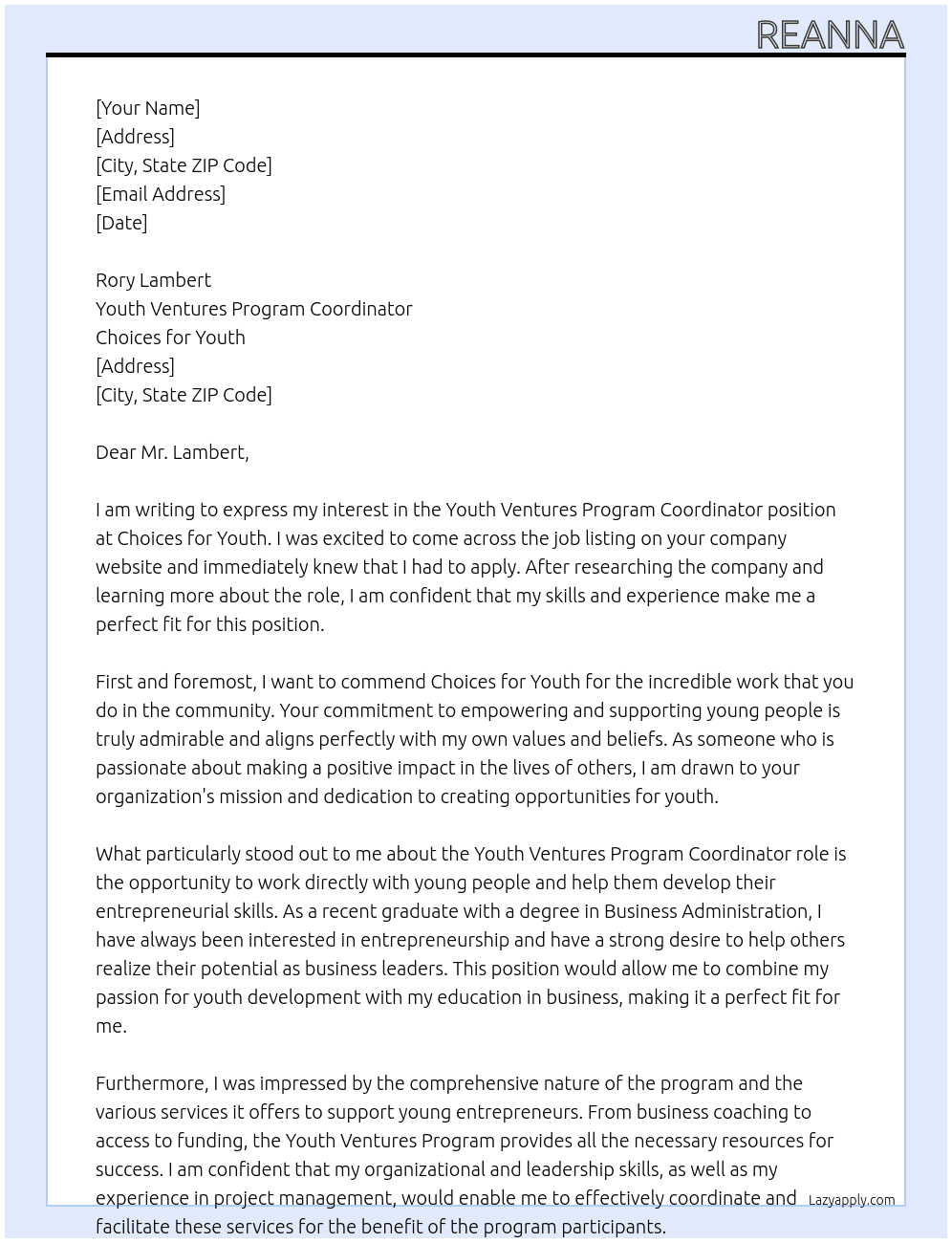Youth Ventures Program Coordinator At choices for youth Cover Letter