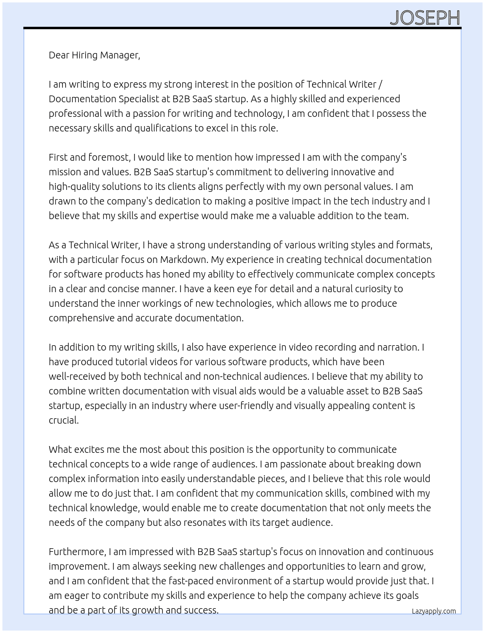 Technical Writer / Documentation specialist At B2B SaaS startup Cover Letter