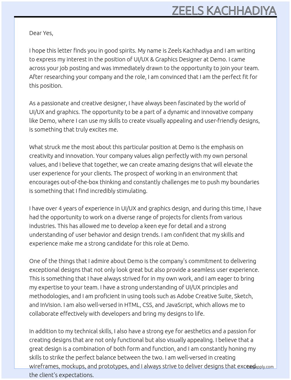 UI/UX & Graphics Designer At Demo Cover Letter
