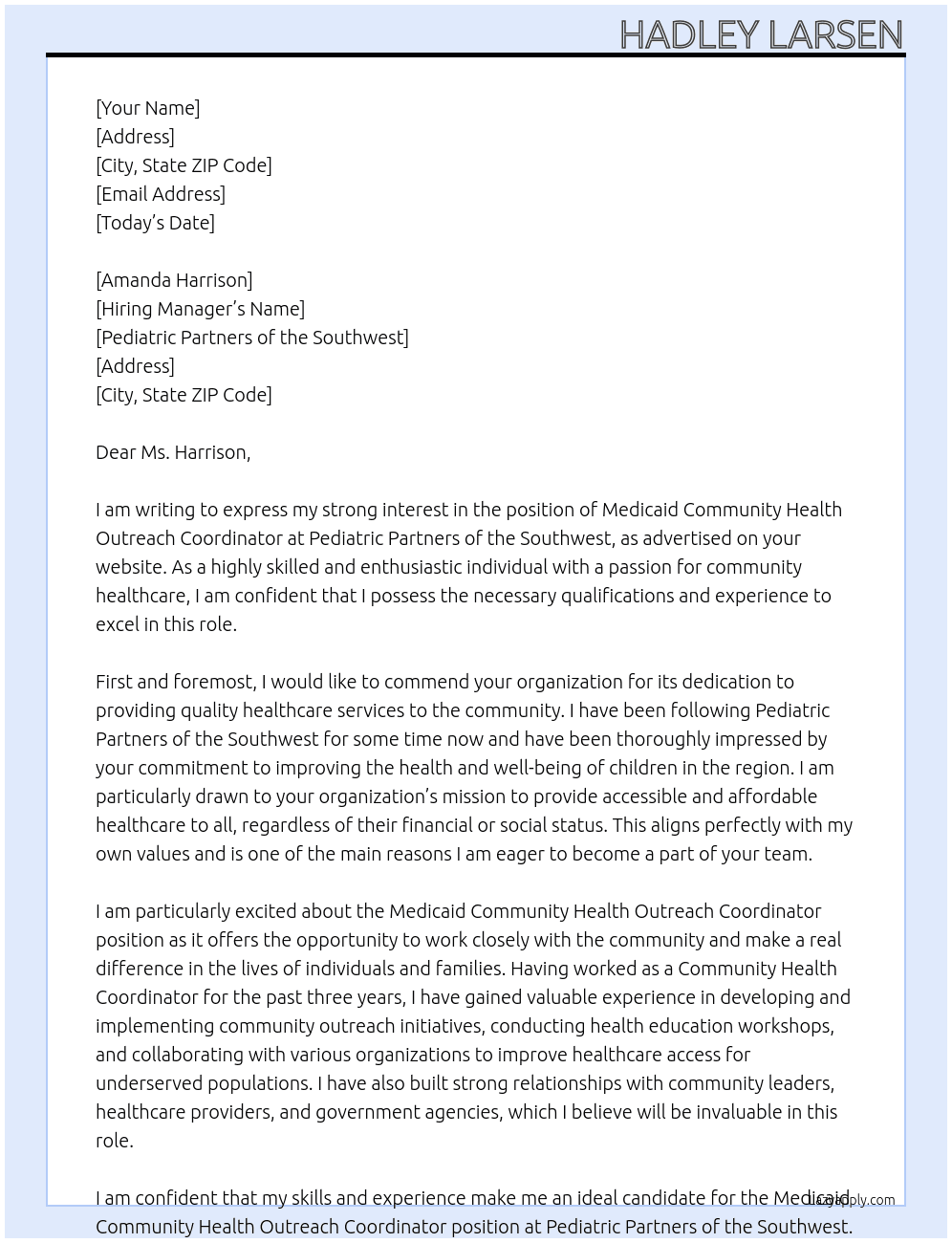  Medicaid Community Health Outreach Coordinator At Pediatric Partners of the Southwest Cover Letter