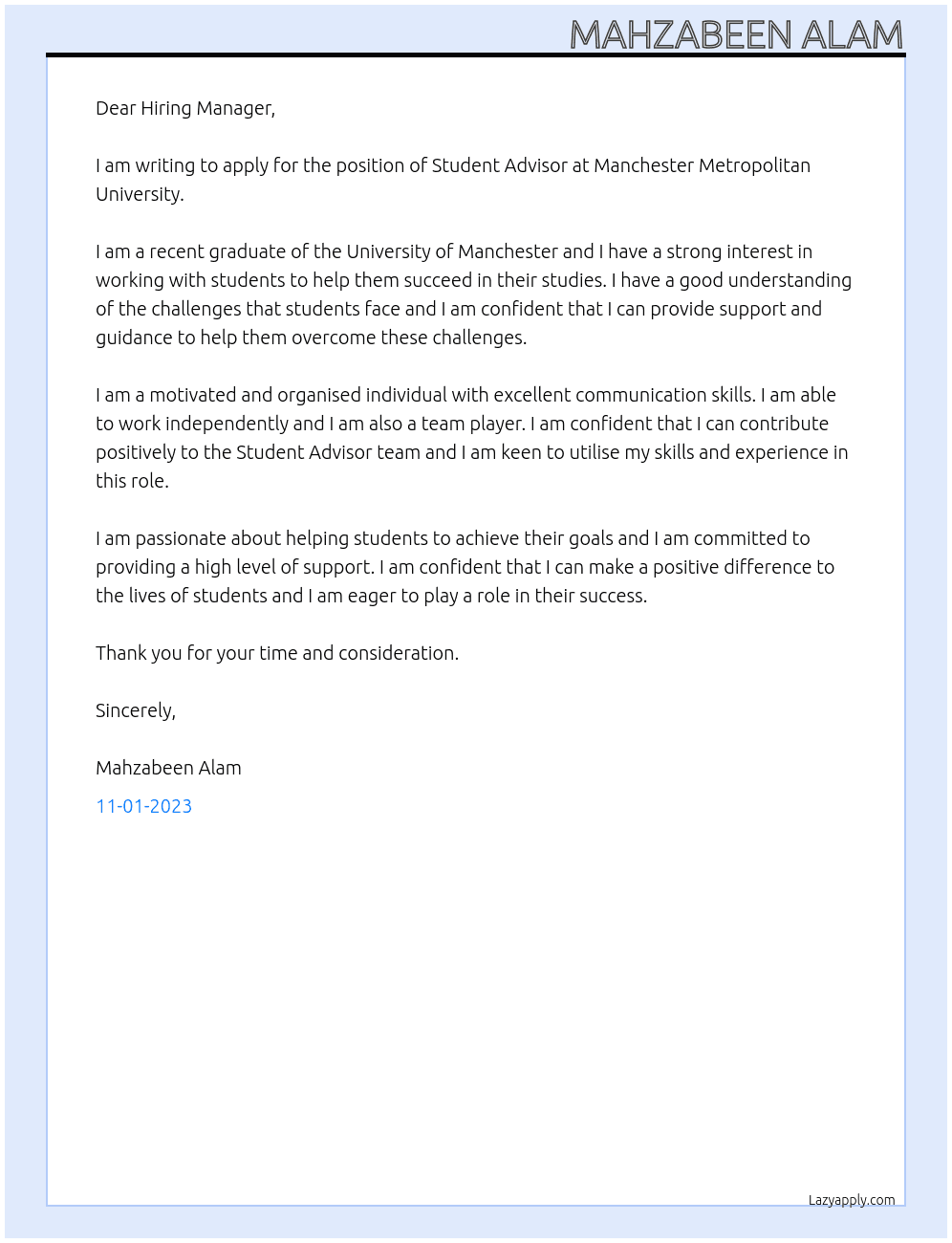 Student Advisor At jobs4student at Manchester Metropolitan University Cover Letter