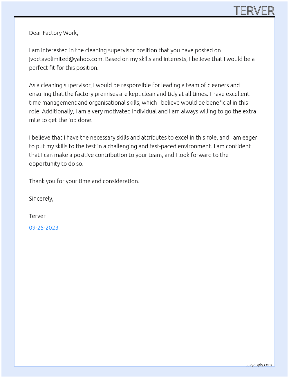 cleaning supervisor At factory work Cover Letter