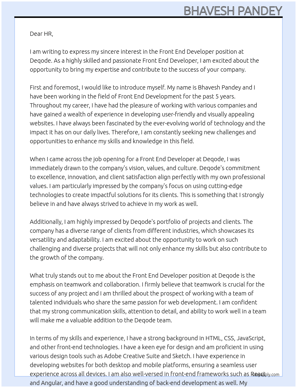 Front End Developer At Deqode Cover Letter