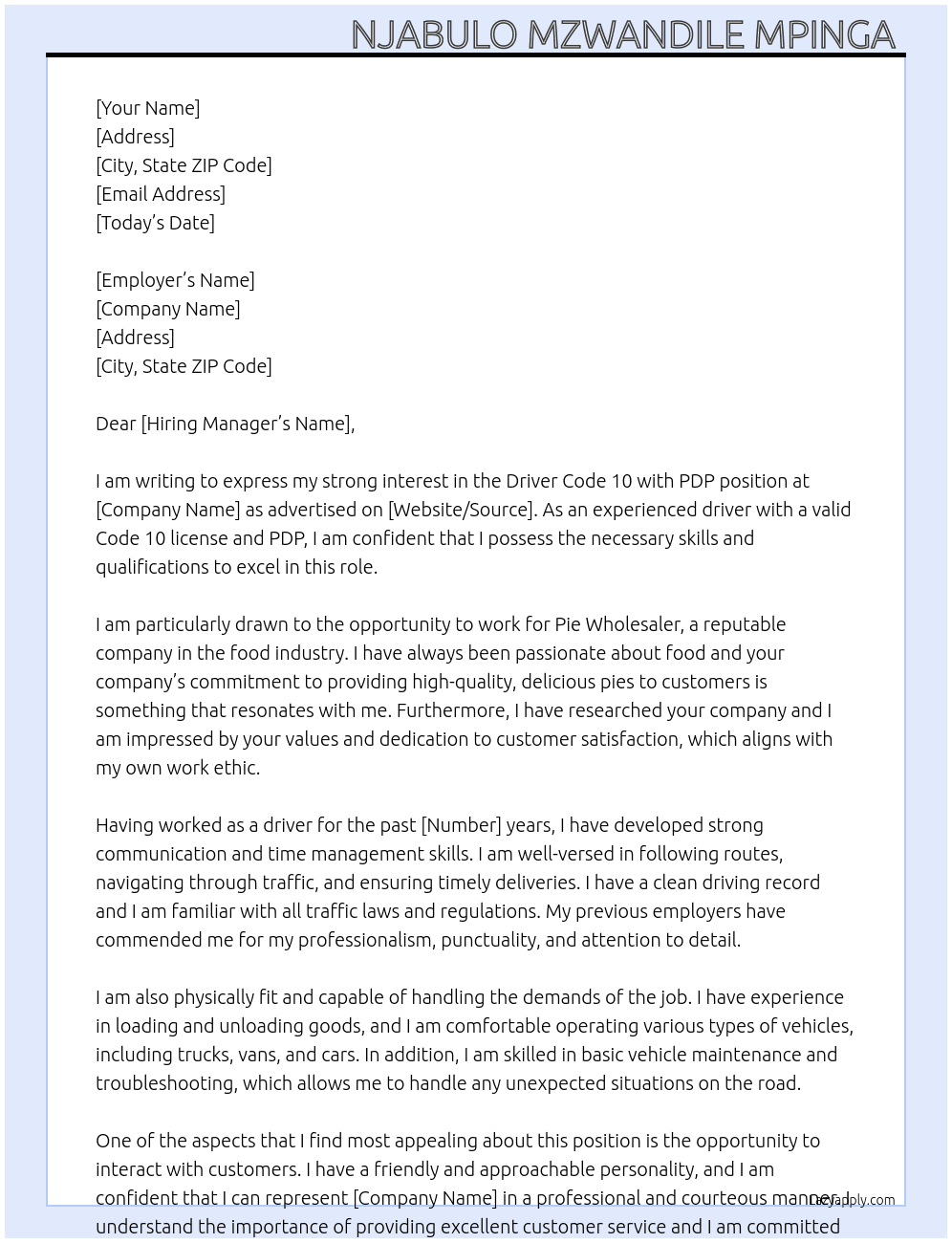 Driver code 10 with pdp At Pie wholesaler Cover Letter