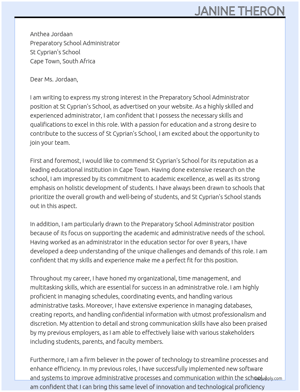 Preparatory School Administrator At St Cyprian's School  Cover Letter