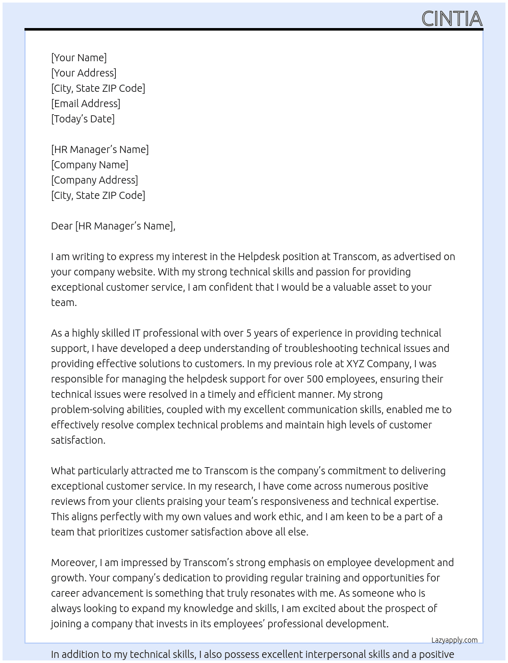 Helpdesk At Transcom Cover Letter