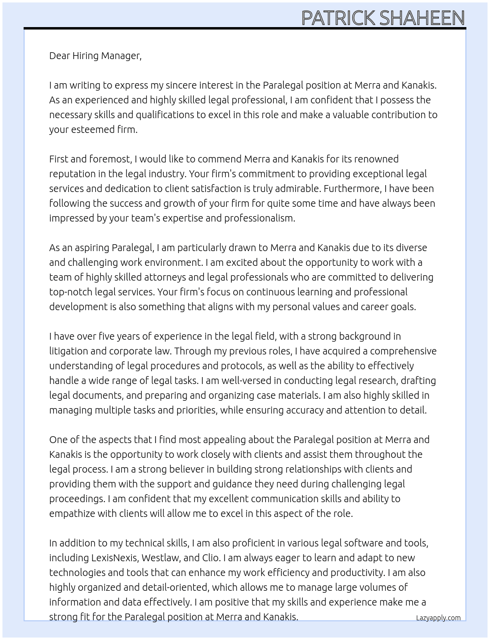Paralegal At Merra and Kanakis Cover Letter
