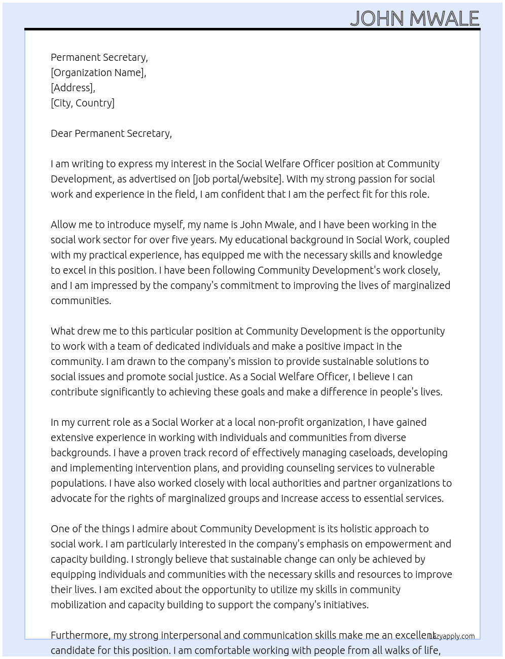 Social Welfare officer  At Community development  Cover Letter