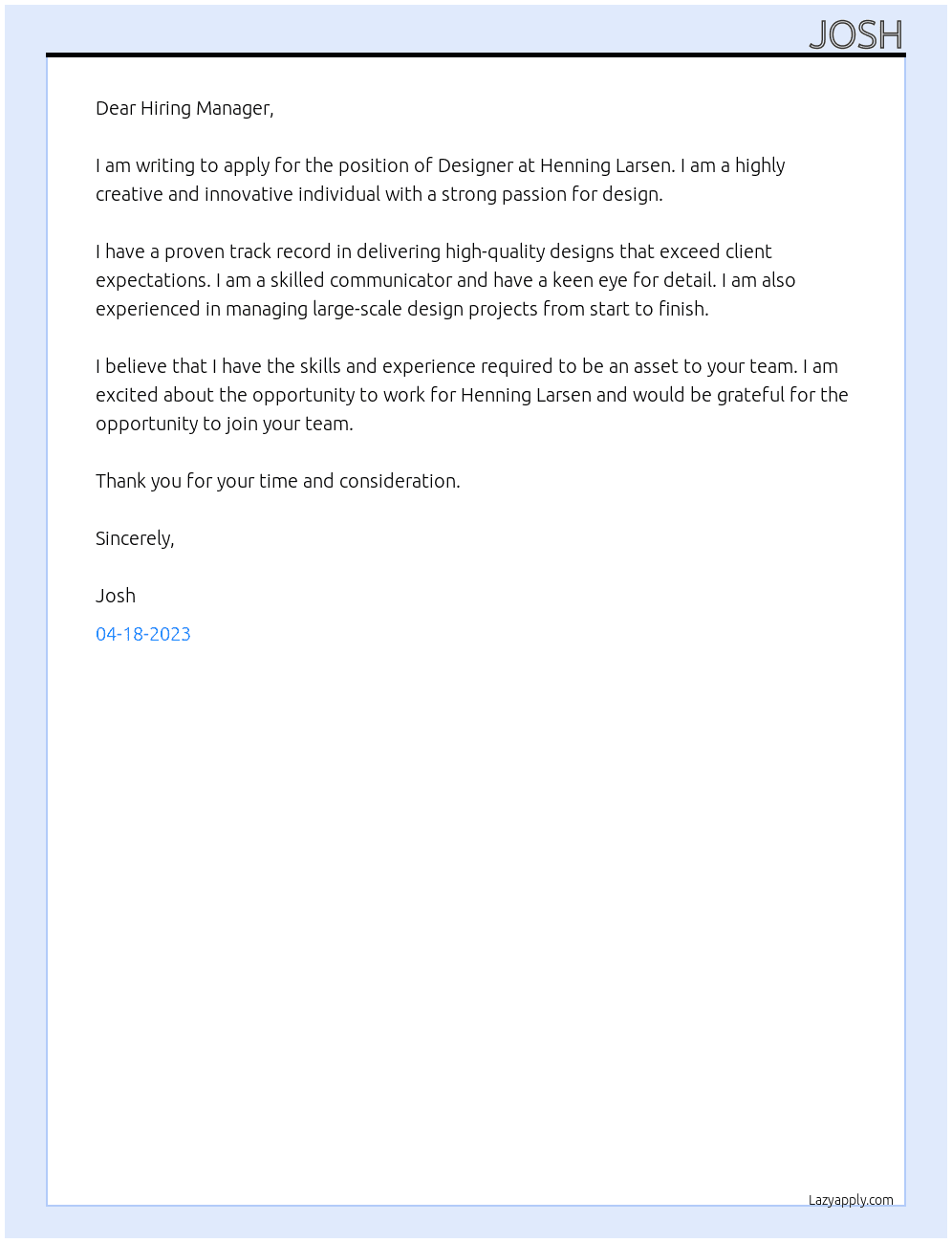 Designer At Henning Larsen Cover Letter