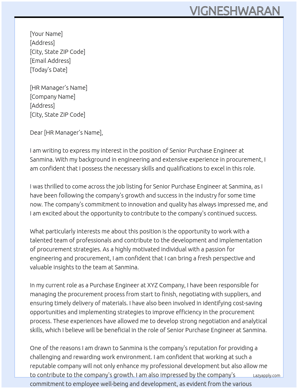 Senior Purchase Engineer  At Sanmina Cover Letter