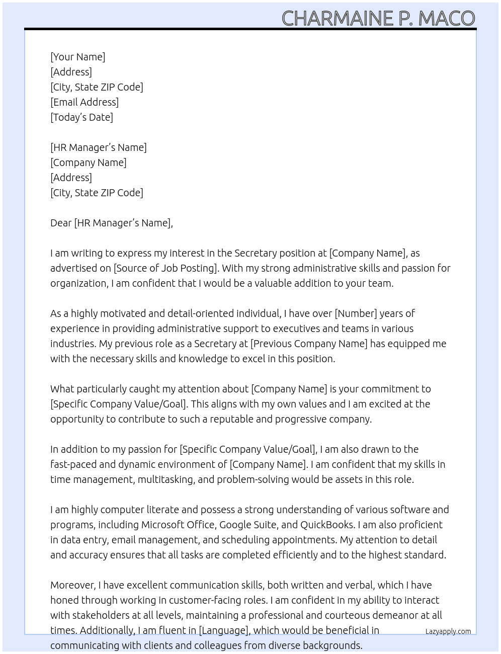 Secretary At Secretary Cover Letter