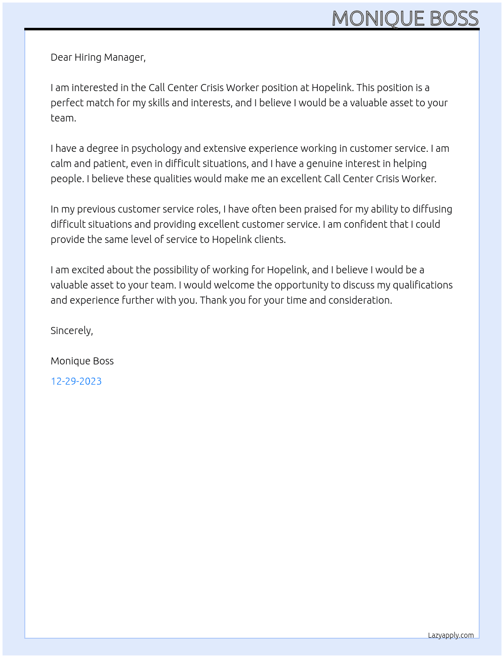 Call Center Crisis Worker At Hopelink Cover Letter