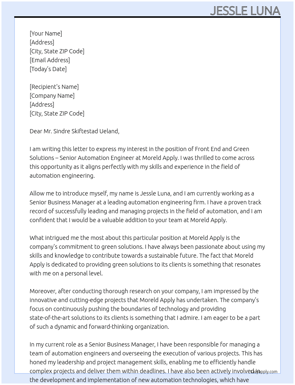 Front End and Green Solutions – Senior Automation Engineer At Moreld Apply Cover Letter